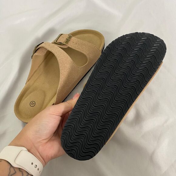 Boho Tan Brown Faux Suede Brassy Gold Buckle Sandals / Slides EU 37 US 6.5 - Picture 4 of 5